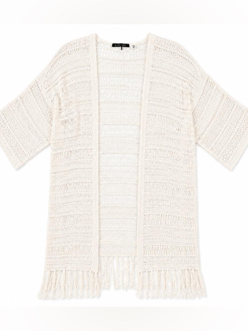 Black Tape_• Boho • Open-Front • Fringe Knit • Cardigan • Cream • Large
